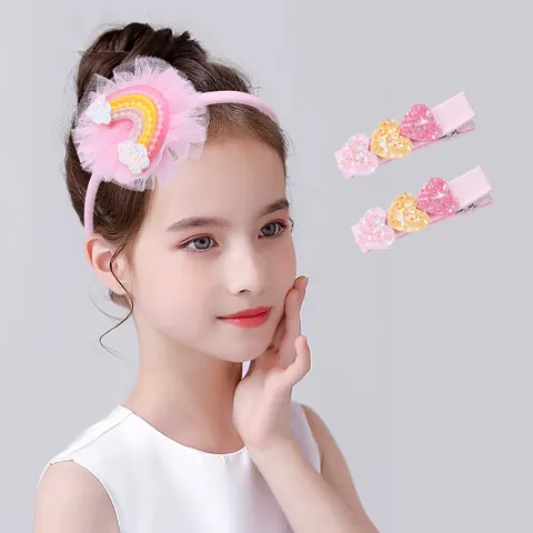 Kinder Rosa Spitze Netz Regenbogen Wolke Stirnband Und Glitzer Herz Haarklammern Süße Prinzessin Mädchen Haarschmuck Kollektion