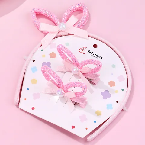 3Pcs Pink Glitter Bunny Ears Bow Hair Accessory Set Faux Artificial Pearl Headband And Hair Clips For Kids Girls Cute Cartoon Decor