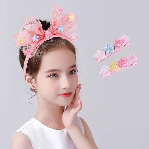 Kinder Süß Rosa Netz Schleife Haarreif Und Haarspangen Für Mädchen Prinzessin Glitzer Stern Herz Pailletten Accessoires Party