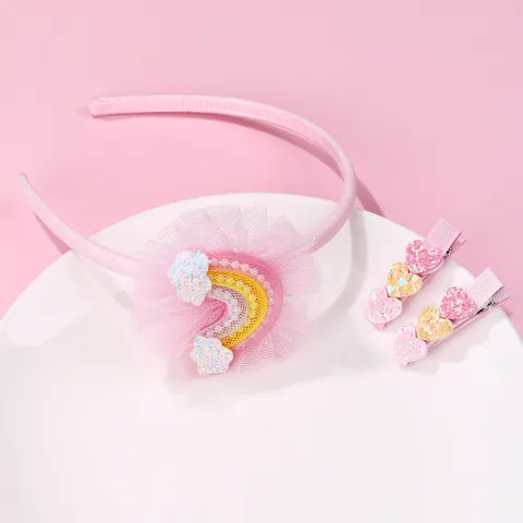 Kinder Rosa Spitze Netz Regenbogen Wolke Stirnband Und Glitzer Herz Haarklammern Süße Prinzessin Mädchen Haarschmuck Kollektion