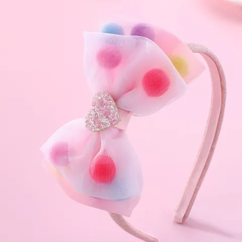 Kinder Rosa Organza Schleife Haarreif Mit Glitzer Herz Und Bunten Plüschbällen Süßer Haarschmuck Für Mädchen Party