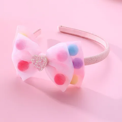 Kinder Rosa Organza Schleife Haarreif Mit Glitzer Herz Und Bunten Plüschbällen Süßer Haarschmuck Für Mädchen Party