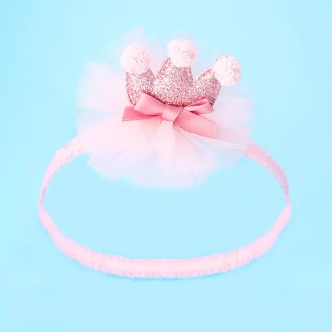 Zoete Roze Baby Meisje Lovertjes Kroon Mesh Bloem Hoofdband Met Lint Strik Pompons Elastische Haarband Voor Verjaardag Foto Rekwisieten