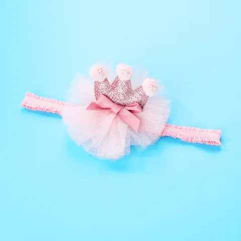Zoete Roze Baby Meisje Lovertjes Kroon Mesh Bloem Hoofdband Met Lint Strik Pompons Elastische Haarband Voor Verjaardag Foto Rekwisieten