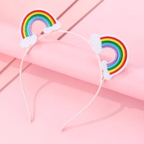 Kids Sweet Embroidered Rainbow Cloud Headband Pink Fabric Wrapped Hair Hoop Cute Cartoon Hair Accessories For Girls Daily Party