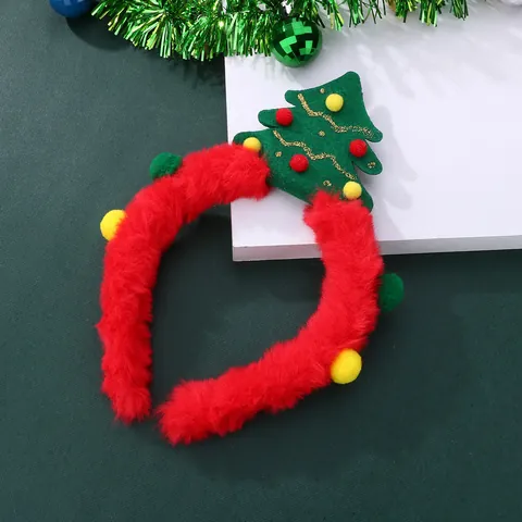 Christmas Tree Headband For Kids Red Faux Fur Green Felt Hair Band With Glitter Pom Poms Holiday Party Hair Accessories