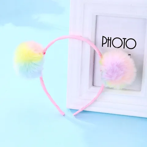 Serre-tête Mignon pour Enfants avec Pompons en Peluche Arc-en-ciel Dégradé Tissu Rose Accessoires de Cheveux Filles