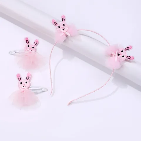 Rosa Cartoon Bestickt Hase Schleife Haarband Und Haarklammern Set Für Mädchen Kinder Süße Prinzessin Netz Haarschmuck