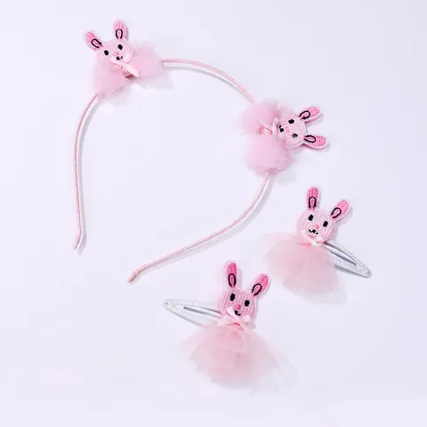 Rosa Cartoon Bestickt Hase Schleife Haarband Und Haarklammern Set Für Mädchen Kinder Süße Prinzessin Netz Haarschmuck
