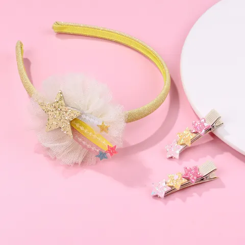 Set Accessori Capelli Bambini Fiore di Rete Paillettes Stella Fascia Fermagli Per Ragazze Dolce Principessa Festa Compleanno