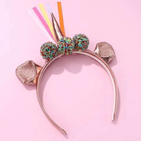 Diadema de Unicornio para Niños Tela Metálica Oro Rosa Con Pompones de Colores y Cintas de Satén Accesorio para el Cabello para Fiesta de Cumpleaños