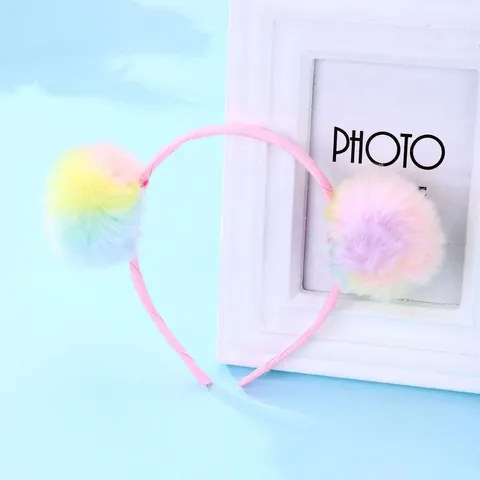 Serre-tête Mignon pour Enfants avec Pompons en Peluche Arc-en-ciel Dégradé Tissu Rose Accessoires de Cheveux Filles