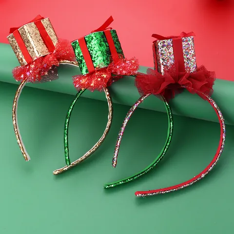 Serre-tête de Noël pour Enfants Avec Boîte Cadeau à Paillettes 3D Nœud en Satin Rouge Volants en Maille Accessoires Cheveux de Fête