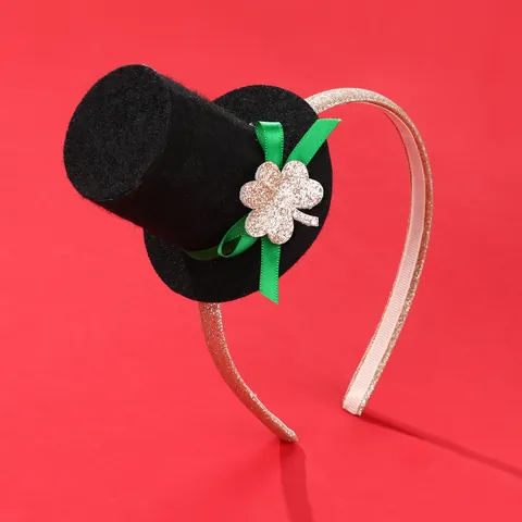 St Patrick's Day Mini Top Hat Headband With Green Satin Bow Gold Glitter Clover For Kids Party Celebration Hair Accessories