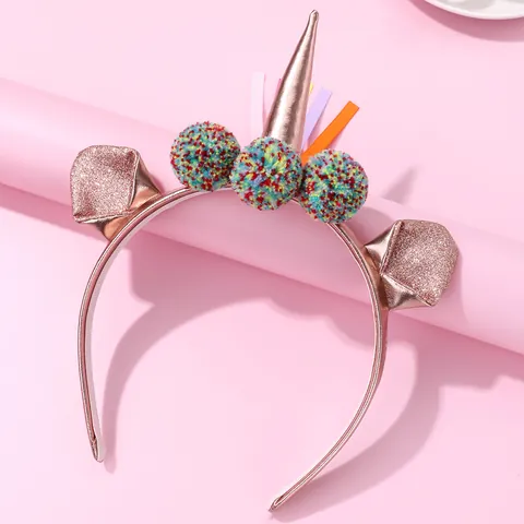 Diadema de Unicornio para Niños Tela Metálica Oro Rosa Con Pompones de Colores y Cintas de Satén Accesorio para el Cabello para Fiesta de Cumpleaños