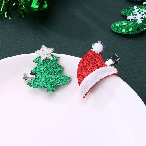 Sweet Christmas Tree And Christmas Hat Hair Clips Set For Kids Girls Festive Glitter Sequins Party Hair Accessories
