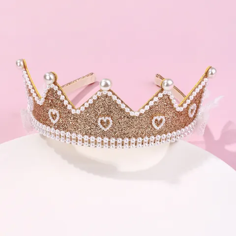 Kinder Prinzessin Krone Stirnband Gold Glitzer Stoff Haarreif Mit Kunstperlen Und Spitze Herz Muster Mädchen Haarschmuck