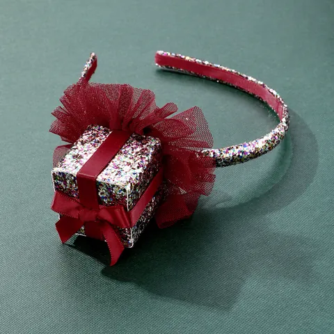Serre-tête de Noël pour Enfants Avec Boîte Cadeau à Paillettes 3D Nœud en Satin Rouge Volants en Maille Accessoires Cheveux de Fête
