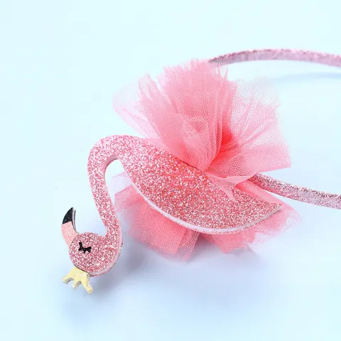 Serre-Tête Enfant Flamant Rose à Paillettes Avec Fleur en Maille Rose Et Couronne Dorée Pour Fête Anniversaire Accessoires Cheveux