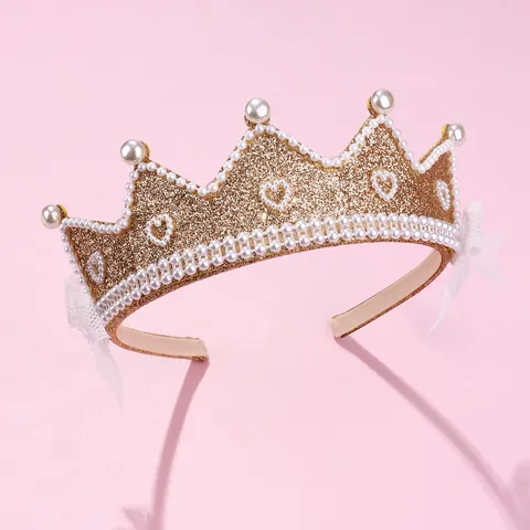 Kinder Prinzessin Krone Stirnband Gold Glitzer Stoff Haarreif Mit Kunstperlen Und Spitze Herz Muster Mädchen Haarschmuck