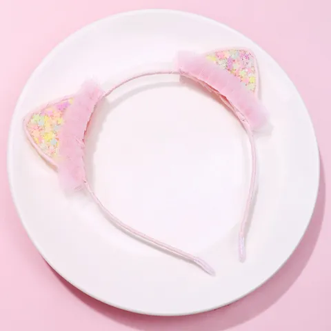 Cute Pink Cat Ear Headband Sweet Lace Trim Mesh With Colorful Star Sequins Fashion Hair Accessories For Kids Women