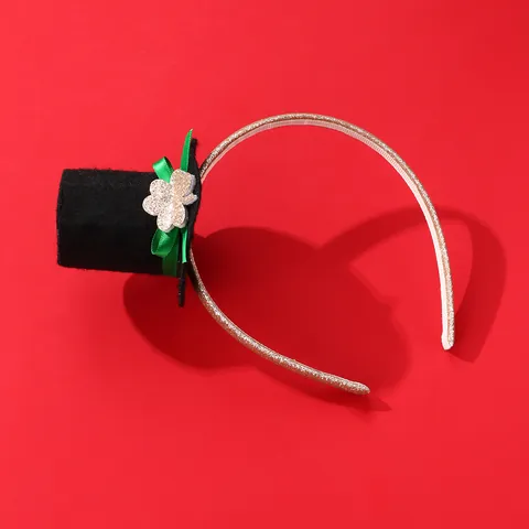 St Patrick's Day Mini Top Hat Headband With Green Satin Bow Gold Glitter Clover For Kids Party Celebration Hair Accessories