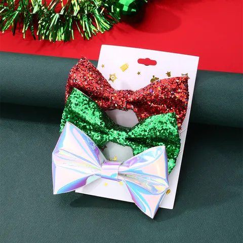 Christmas Glitter Bow Hair Clips For Kids Girls Laser Sequins Festive Party Hair Accessories Handmade Fabric Bowknot