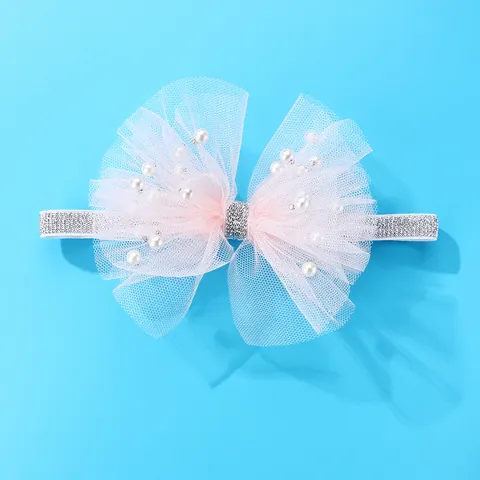 Sweet Kids Mesh Bow Headband With Faux Pearl Pink Silver Glitter Elastic Hairband Princess Hair Accessory For Baby Girls Party