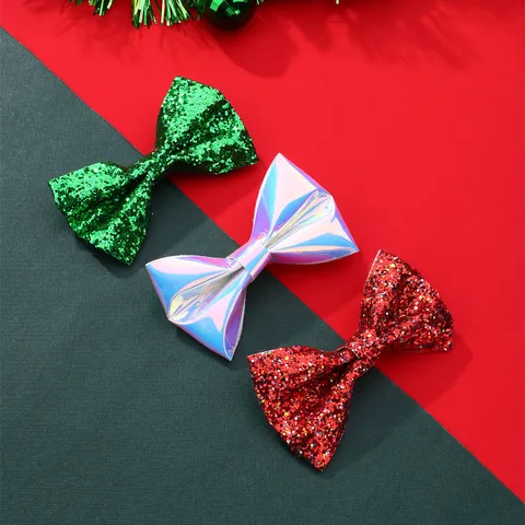 Christmas Glitter Bow Hair Clips For Kids Girls Laser Sequins Festive Party Hair Accessories Handmade Fabric Bowknot