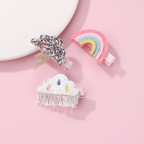 3 Stuks Zoete Pailletten Regenboog Wolk Bliksem Haarclips Set Handgemaakte Glitter Stof Eendenbek Clips Voor Kinderen Meisjes Haaraccessoires