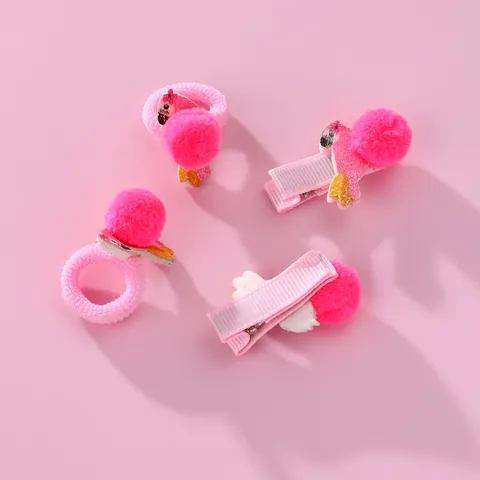 Pink Flamingo Pom Pom Hair Clips And Elastic Hair Ties For Girls Kids Glitter Animal Hair Accessories For Daily Decoration