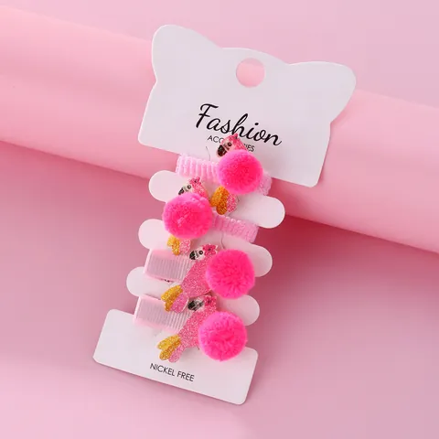 Pink Flamingo Pom Pom Hair Clips And Elastic Hair Ties For Girls Kids Glitter Animal Hair Accessories For Daily Decoration