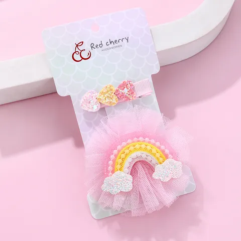 Sweet Kids Rainbow Heart Mesh Lace Hair Clip Set Pink Glitter Cloud Artificial Pearl Hair Accessories For Girls Daily Party Gift