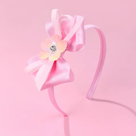 Kids Sweet Pink Satin Bow Headband With Sequin Flower And Rhinestone Anti-Slip Hair Band For Girls Birthday Party Gift