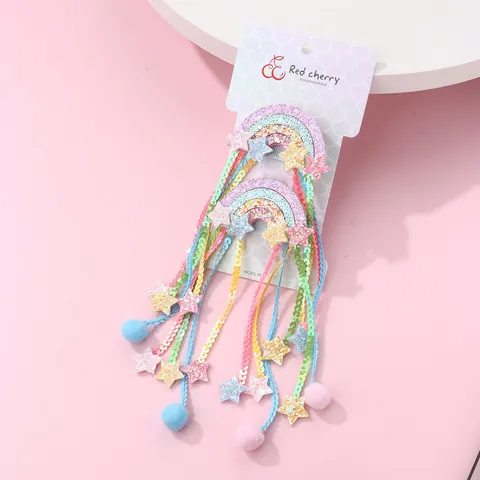 Kids Sweet Rainbow Sequin Tassel Hair Clips Star Pom Pom Tassel Duckbill Clip For Girls Cute Hair Accessories Hairpins
