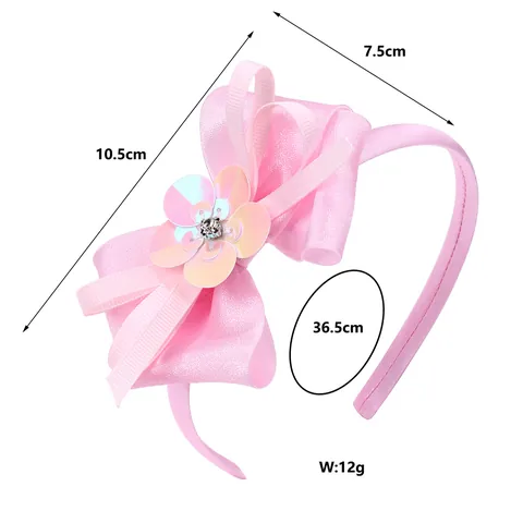 Kids Sweet Pink Satin Bow Headband With Sequin Flower And Rhinestone Anti-Slip Hair Band For Girls Birthday Party Gift