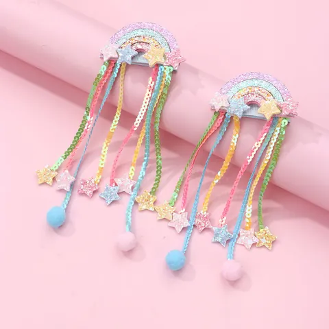 Kids Sweet Rainbow Sequin Tassel Hair Clips Star Pom Pom Tassel Duckbill Clip For Girls Cute Hair Accessories Hairpins