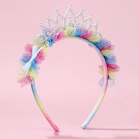 Cerchietto per Capelli in Tulle Arcobaleno per Bambini Con Corona di Strass Merletto Fiocco Accessori per Capelli da Principessa per Ragazze