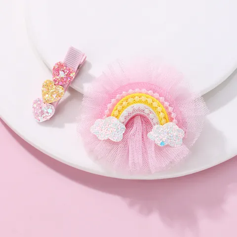 Sweet Kids Rainbow Heart Mesh Lace Hair Clip Set Pink Glitter Cloud Artificial Pearl Hair Accessories For Girls Daily Party Gift