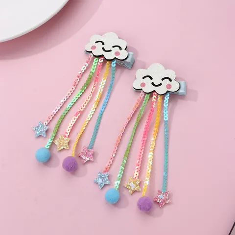 Pinzas Para El Pelo Nube Sonriente Arcoíris Lentejuelas Borla Para Niñas Hechas A Mano Estrella Bola De Peluche Accesorios