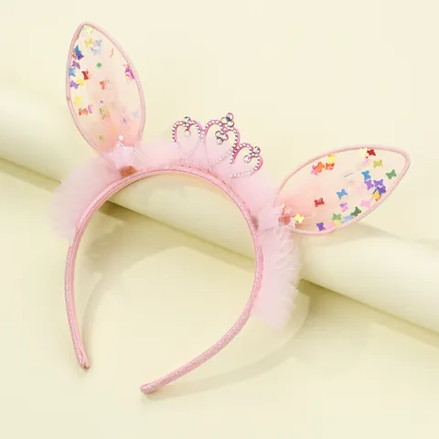 Kinder Süß Rosa Pailletten Hasenohren Netzspitze Haarreif Mit Strass Krone Prinzessin Haarschmuck Für Mädchen Geburtstag Party