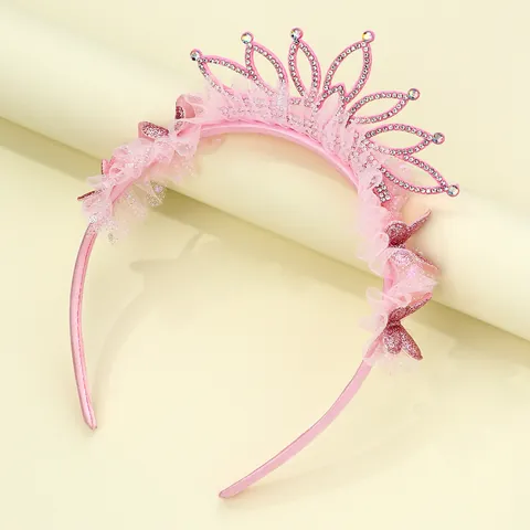 Sweet Kids Pink Crown Headband With Sparkling Rhinestone Mesh Lace Butterfly Princess Hair Accessory For Girls Party Jewelry
