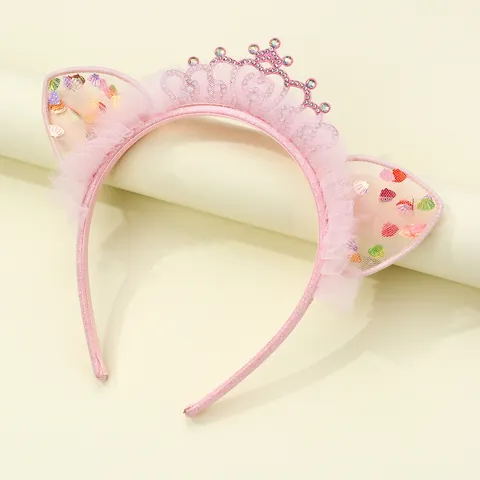 Süßer Rosa Kinder Haarreif Mit Katzenohren Netz Und Pailletten Krone Strass Prinzessin Haarband Für Mädchen Party Schmuck