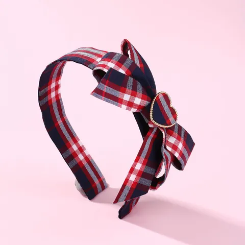 Vintage Preppy Stil Kariert Schleife Stirnband Mit Goldenem Herz Legierung Dekor Britischer Stoff Haarreif Für Damen Mädchen