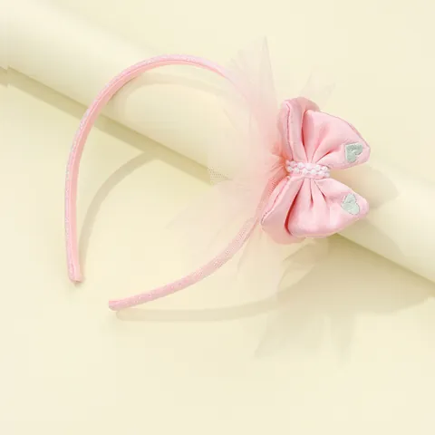 Cerchietto Rosa con Fiocco in Rete per Bambine Con Cuore Ricamato e Künstliche Perle Sintetiche Accessorio per Capelli Principessa per Feste