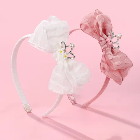 Serre-tête Doux Nœud Organza Avec Couronne Strass Et Perle Fausse Décorative Bandeau Cheveux Princesse Pour Filles Fête Accessoires