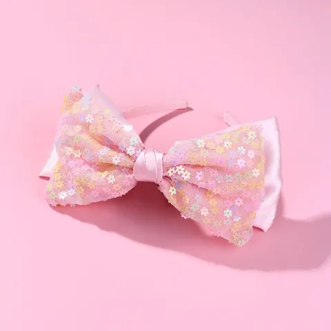 Kids Pink Sequin Bow Headband Floral Pattern Satin Mesh Hair Band Girls Sweet Birthday Party Decorative Hair Accessories