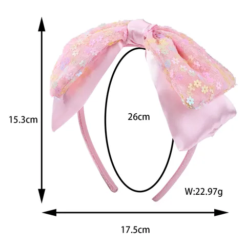 Kids Pink Sequin Bow Headband Floral Pattern Satin Mesh Hair Band Girls Sweet Birthday Party Decorative Hair Accessories