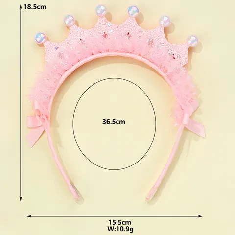 Kids Pink Artificial Pearl Crown Headband With Lace Sequins And Bow Sweet Princess Hair Band For Girls Party Birthday Gift