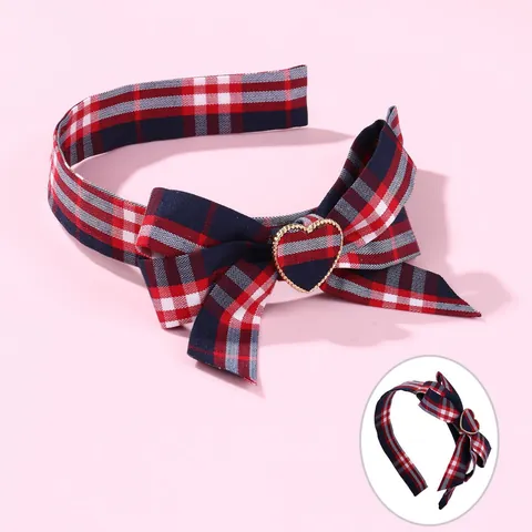 Vintage Preppy Stil Kariert Schleife Stirnband Mit Goldenem Herz Legierung Dekor Britischer Stoff Haarreif Für Damen Mädchen
